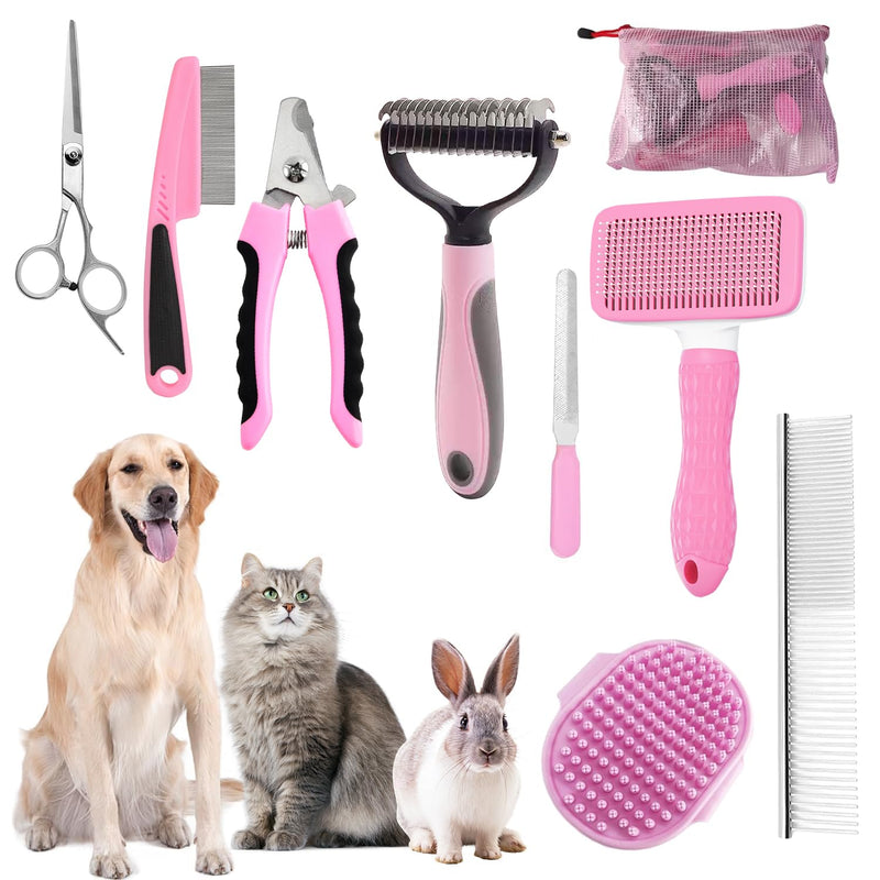 Dog Brush for Shedding,9 PCS in One Pet Slicker Hair Brush Kit with Pet Nail Clipper and File - Dog Cat Grooming Deshedding Undercoat Rake Brush Comb for All Small Large Dogs Cats Pink 9-Pink
