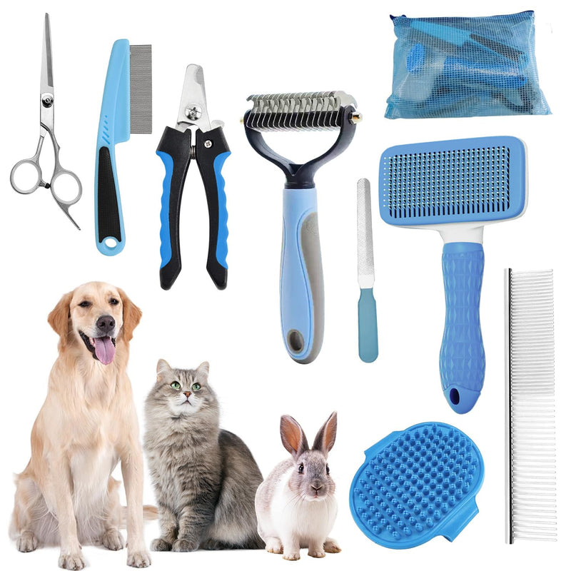 Dog Brush for Shedding,9 PCS in One Pet Slicker Hair Brush Kit with Pet Nail Clipper and File - Dog Cat Grooming Deshedding Undercoat Rake Brush Comb for All Small Large Dogs Cats Blue 9-Blue - PawsPlanet Australia