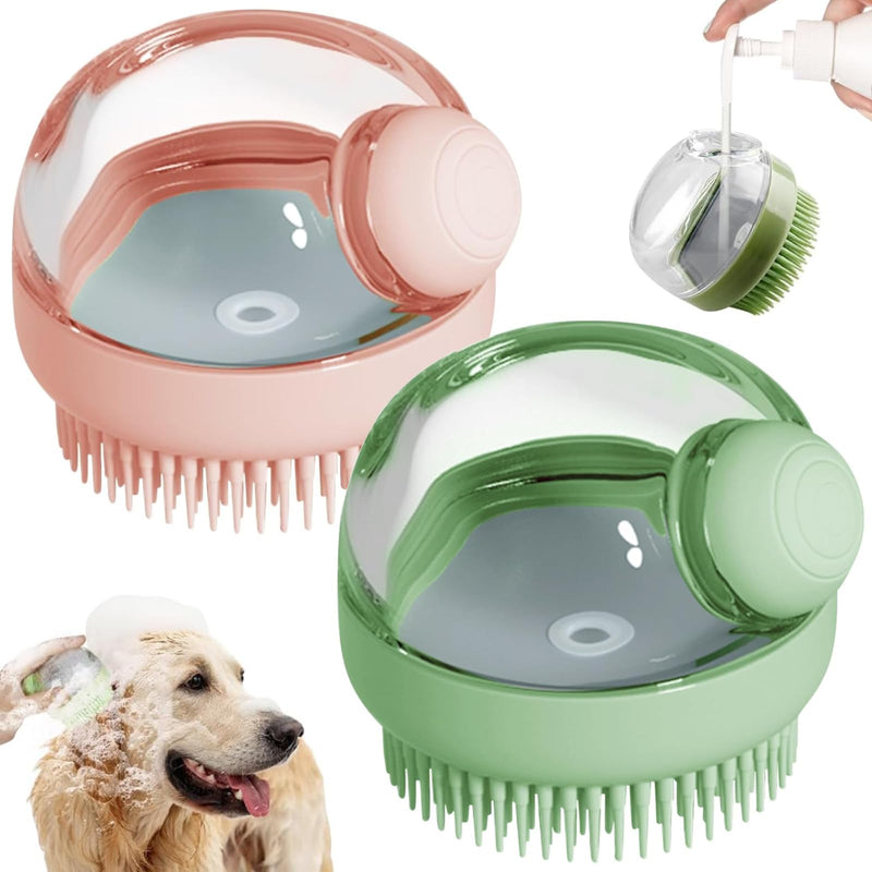 Dog Bath Scrubber Brush, 2 PCS Pet Dog Grooming Massage Shampoo Bath Brush with Soap and Shampoo Dispenser Soft Silicone Bristle for Long Short Haired Dogs Cats Shower Green & Pink - PawsPlanet Australia