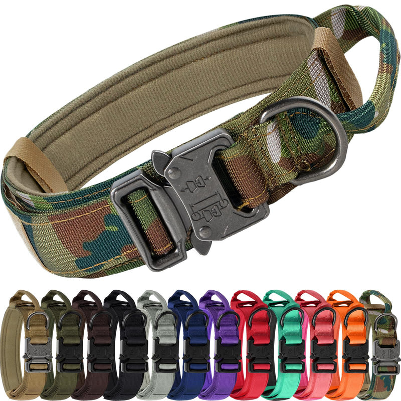 Joytale Tactical Dog Collar with Handle and Metal Buckle, Heavy Duty Padded Military Collar with 2 Patches for Training, Adjustable for XLarge Dogs, Camouflage, XL