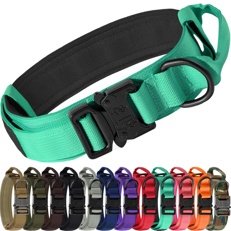 Joytale Tactical Dog Collar with Handle and Metal Buckle, Heavy Duty Padded Military Collar with 2 Patches for Training, Adjustable for XLarge Dogs, Teal, XL Turquoise