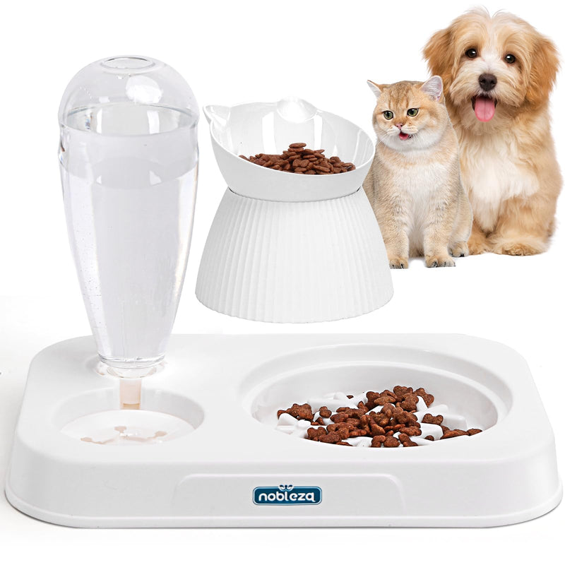 Nobleza 3-in-1 Slow Pet Feeder Bowl Bottle Set, Automatic Pet Dispenser Treat Food & Water Bowl with 15° No Spill Tilted Raised Bowl for Cat Dog Small Medium Pet Kitten Puppy Bunny Healthy Food Water - PawsPlanet Australia