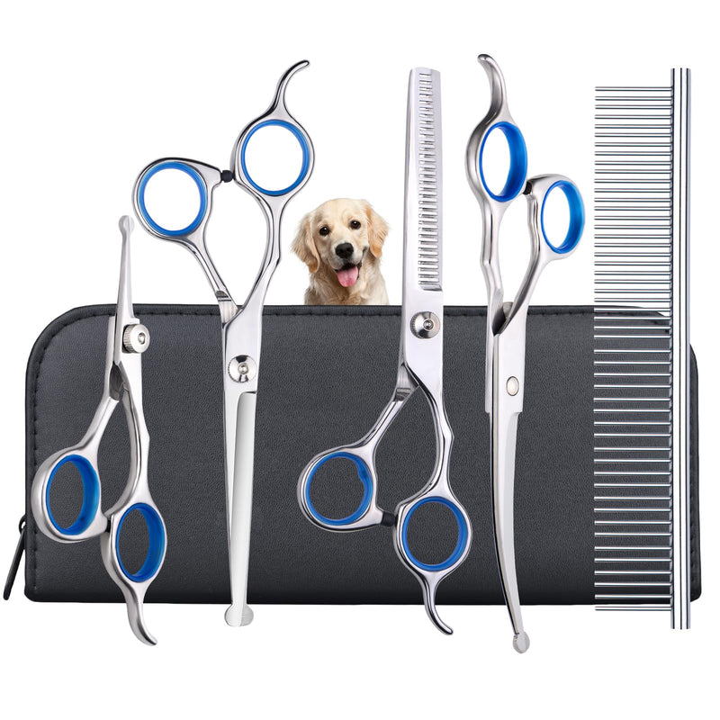 Dog Grooming Scissors Kit with Safety Round Tips, SUMCOO 6 in 1 Professional Dog Scissors Pet Grooming Trimmer Kit -Thinning Shears Straight & Curved Scissors with Comb for Dogs and Cats Blue Set of 5 - PawsPlanet Australia