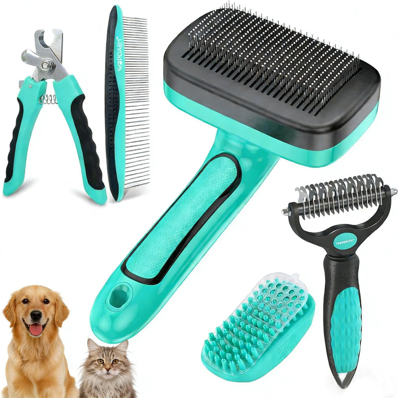5 PCS Self Cleaning Slicker Brush & Pet Grooming Rake & Bath Brush & Nail Clippers & Pet Comb for Dogs and Cats,Professional Deshedding Dematting Tool for Long and Short Haired Pets Green-5pc - PawsPlanet Australia