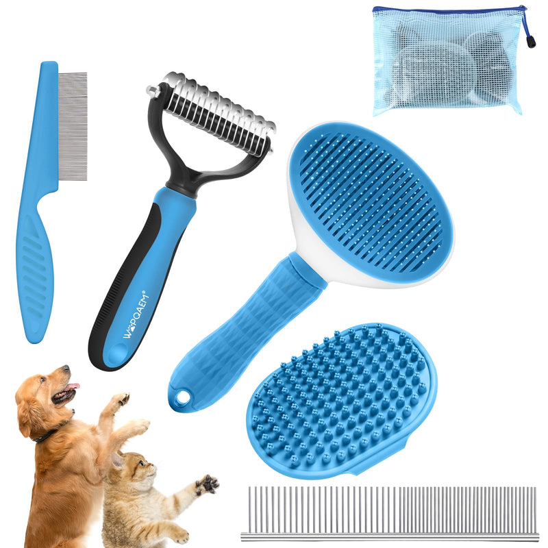 5 in 1 Dog Grooming Kit - Self-Cleaning Slicker Brush for Shedding Short Long Haired Dogs & Cats, Includes Pet Comb, Flea Comb, Bath Brush, Undercoat Rake - Complete Fur Care Set - Blue - PawsPlanet Australia