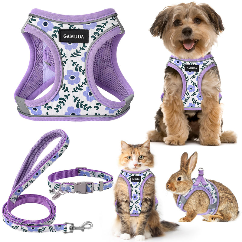 GAMUDA Small Dog Harness Collar and Leash Set, Step in No Chock No Pull Soft Mesh Adjustable Dog Vest Harnesses Plaid Reflective for Dogs Puppy Cats Kitten Rabbit (Purple Flower, S) Purple Flower - PawsPlanet Australia