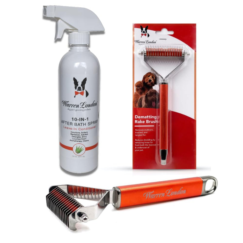 Warren London 10-in-1 Dog Spray & Rake Brush Combo | Detangles, Softens & Reduces Shedding | 16oz After Bath Spray + Dematting Rake | $40 Value – Now $29.99 16oz w/ Rake Brush - PawsPlanet Australia