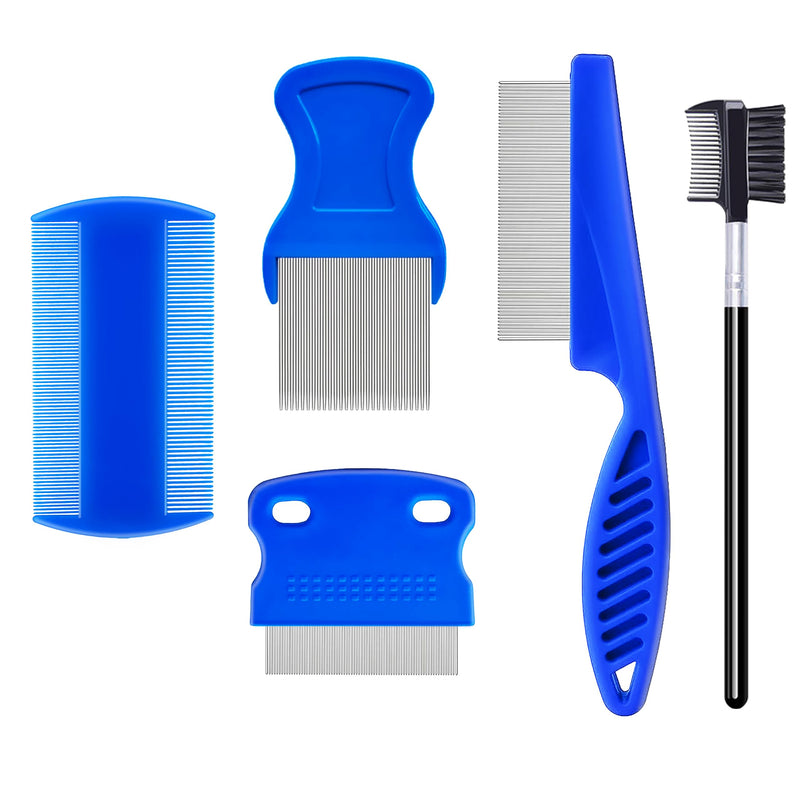 5 Pack Flea Lice Comb,Stainless Steel Dog Cat Grooming Combs With Rounded Teeth,Double-Sided Tear Stain Remover,Dematting Comb For Dogs Cats Ideal For All Types Of Small, Medium, Large Pets Blue
