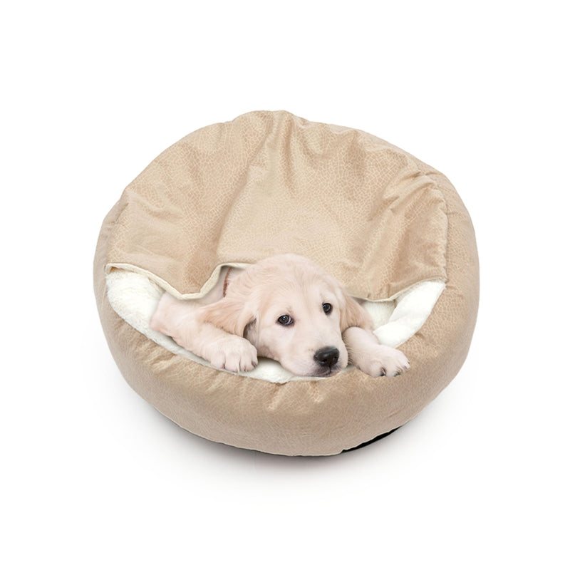 Dog Bed Warm with Hooded Blanket, Anti-Anxiety Puppy Pet Bed Cave Super Soft, Non-Slip Bottom, Machine Washable, Cozy Donut Indoor Pet Beds Fluffy for Dogs and Cats, Fits up to 26.5lbs, 23.6inch Beige S-23.6 inch - PawsPlanet Australia