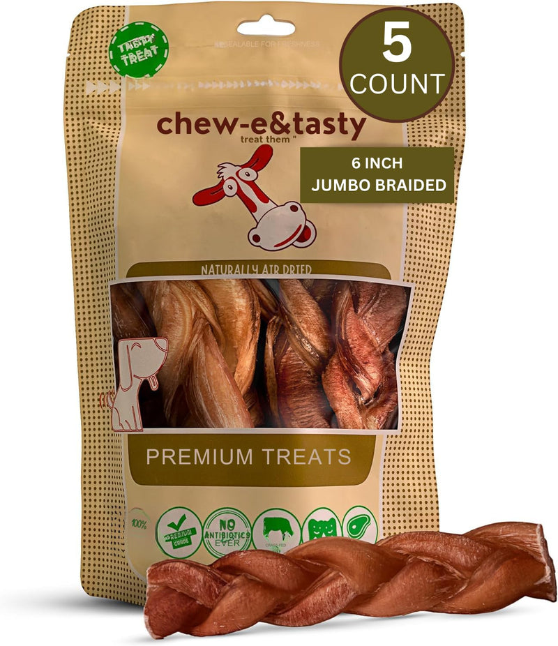 chew-e&tasty 6" Jumbo Braided Bully Sticks for Dogs (Pack of 5) - Long Lasting Beef Chews - Made of Digestible High Protein & Low Fat Dental Care Dog Bully Sticks for Medium to Large Breeds 6" Jumbo Braided - Pack of 5 - PawsPlanet Australia