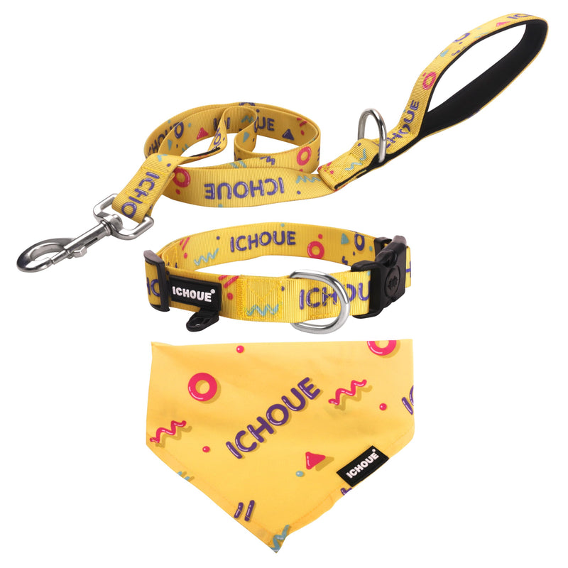 iChoue Original Print French Bulldog Collar with Leash Bandana Set Adjustable for Frenchie Pug English Boston Terrier Dogs, Yellow, Large Large ( 45 - 70 lbs ) Collar with Leash Bandana Yellow - PawsPlanet Australia