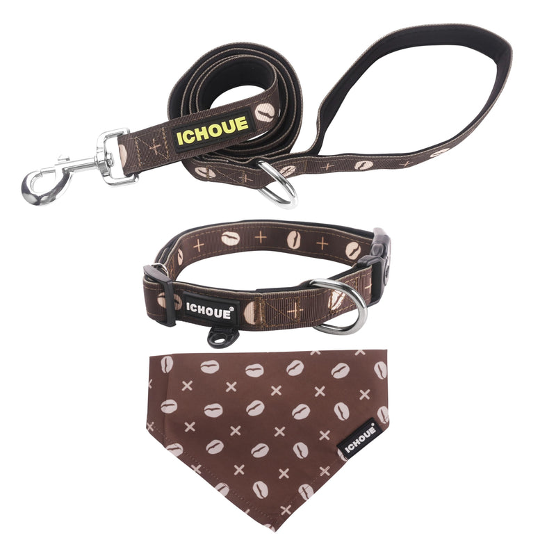 iChoue Original Print French Bulldog Collar with Leash Bandana Set Padded Adjustable for Frenchie Pug English Boston Terrier Dogs, Coffee Bean, Small Small ( 5 - 25 lbs ) Collar with Leash Bandana Coffee Bean