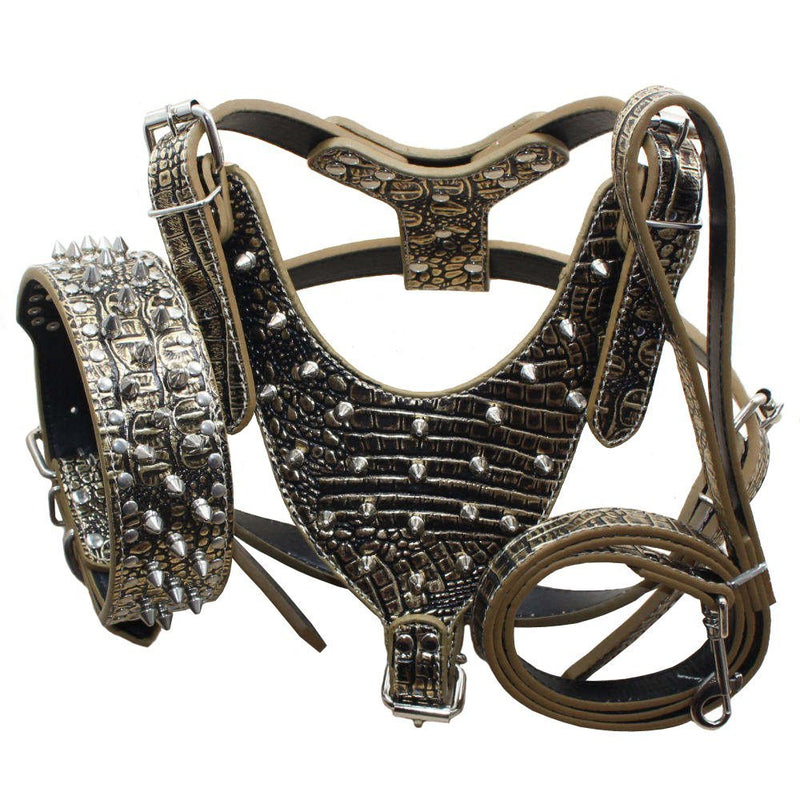 Leather Spiked Dog Harness and Collar Set, Large Breeds Bull Terriers, Labradors, Dobermans, Durable Leather Harness with Metal Studs and Matching Collar Leash 3Pcs Set (Studs Gold Brown, L) Studs Gold Brown - PawsPlanet Australia