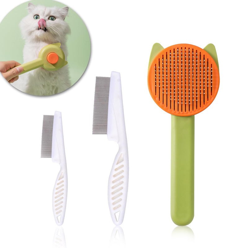 Pet Grooming Brush Kit for Cat and Dog, Hair Massage Cleaner with Release Button, 2 Flea Combs for Shedding Removing Tangles Loose Fur Self Cleaning Accessories, Green(3 Pieces Set) - PawsPlanet Australia