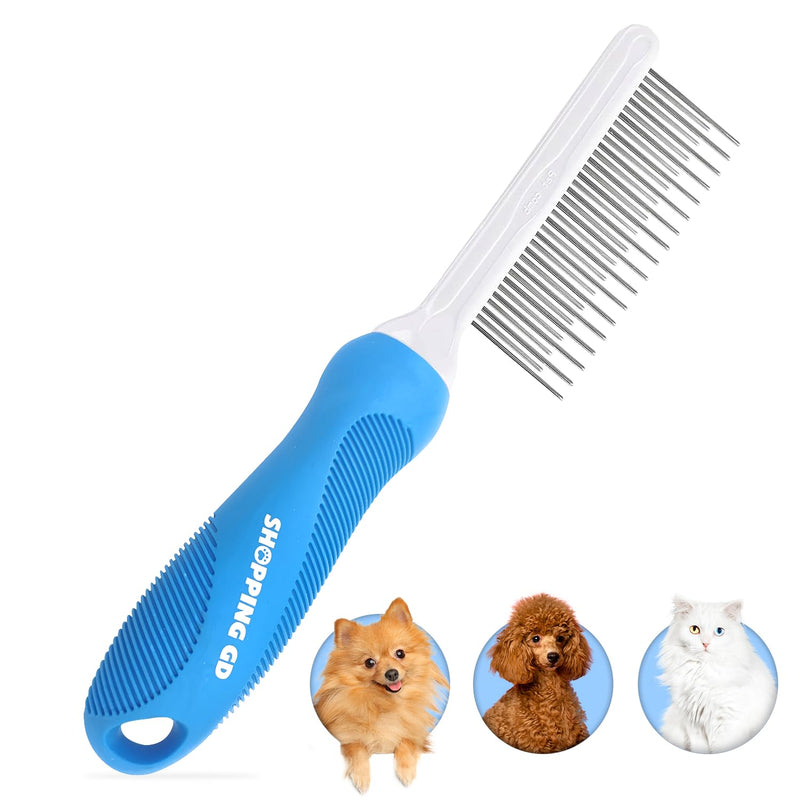 Detangling Pet Grooming Comb for Dogs & Cats with Long & Short Stainless Steel Metal Teeth for Removing Tangles and Knots - Dematting Brush to Detangle Matted Hair Blue comb