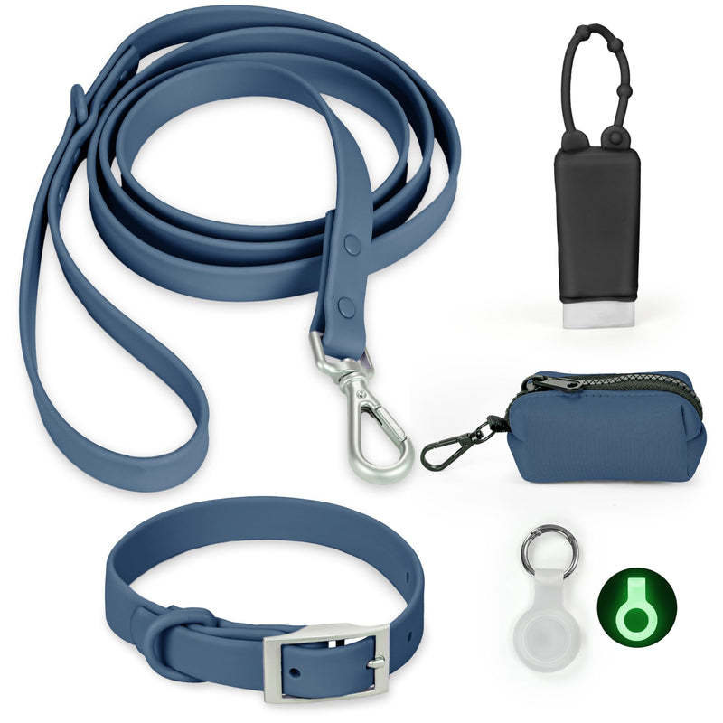 Waterproof Dog Collar and Leash Set, Adjustable, Odor Proof pet Leashes collars, 6FT Dog Leash for Small, Medium, Large Dogs, with Glow in The Dark Dog Air Tag Holder and Dog Poop Bag Holder (S, Navy) - PawsPlanet Australia