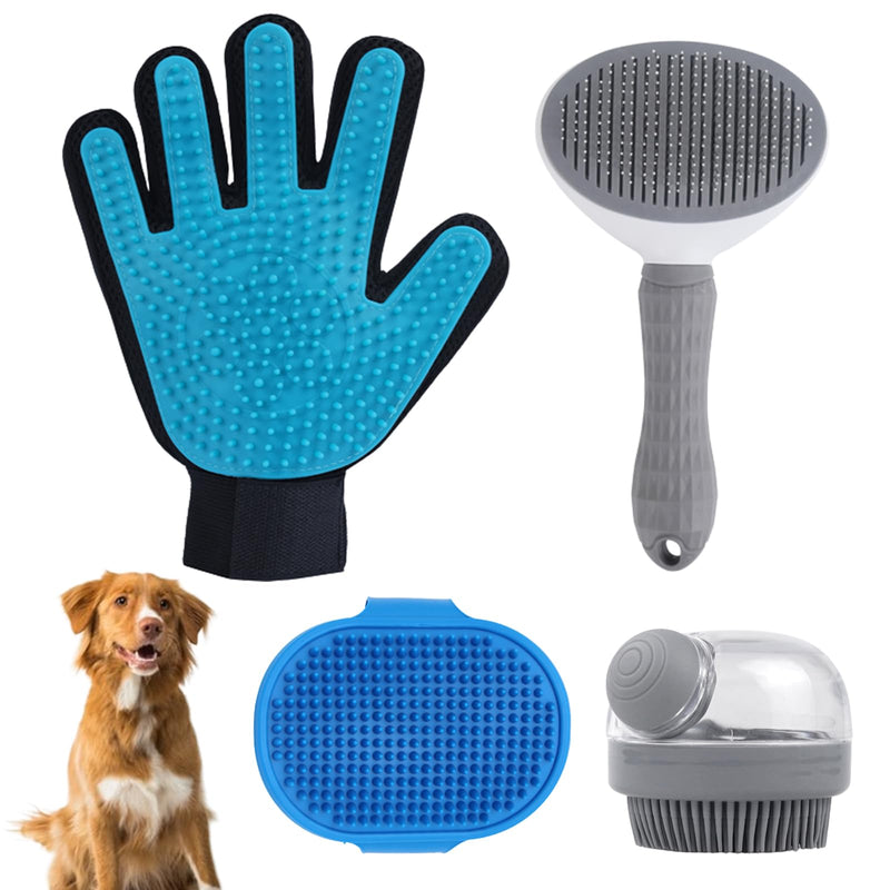 4Pcs Dog Shower Grooming Kit, Soft Silicone Pet Shampoo Massage Dispenser Brush, Adjustable Soothing Rubber Brush, Self-Cleaning Slicker Comb, Gentle Deshedding Brush Glove for Cats & Dogs - PawsPlanet Australia