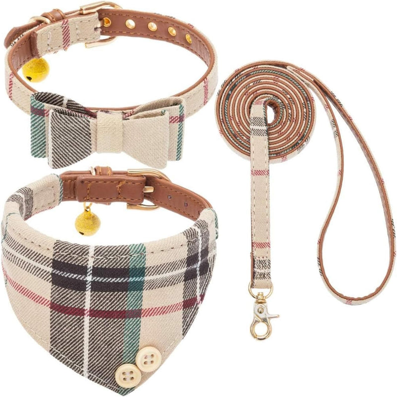 KOOLTAIL Small Dog Collar and Leash Set with Bowtie and Bells - Cute Puppy Bandana Collar and Leash with Classic Plaid Pattern, Soft Leather Tangle Free Leashes for Small Boys Girls Dogs,Cats,Beige XS X-Small((Neck Girth 8"-10") Beige