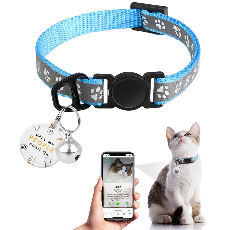 Cat Collar Breakaway with QR Code Name Tag, Reflective Kitten Collars with Bell, Cat ID Tag personalized, Ultra-Durable, Adjustable, Quick Release, Fits Most Girl Boy Small Large Cats (8''-13.3'') SKY BLUE - PawsPlanet Australia
