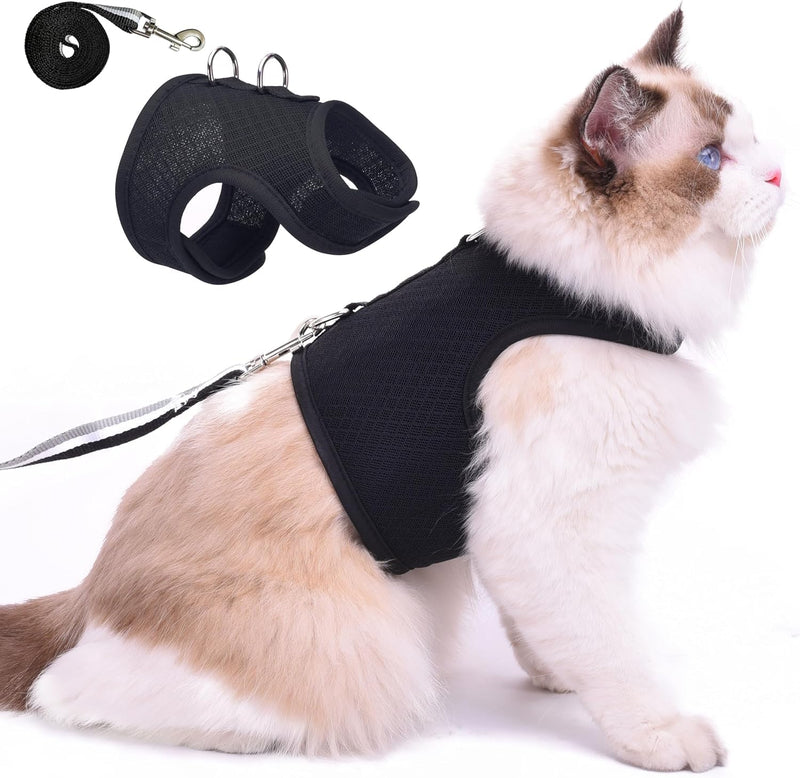 Cat Harness and Leash for Walking Escape Proof Breathable Mesh Fabric, Solid Black, Extra Large, Adjustable Cat Walking Jackets, Padded Stylish Cat Vest XL ≥ 11LBS Solid Black Mesh - PawsPlanet Australia