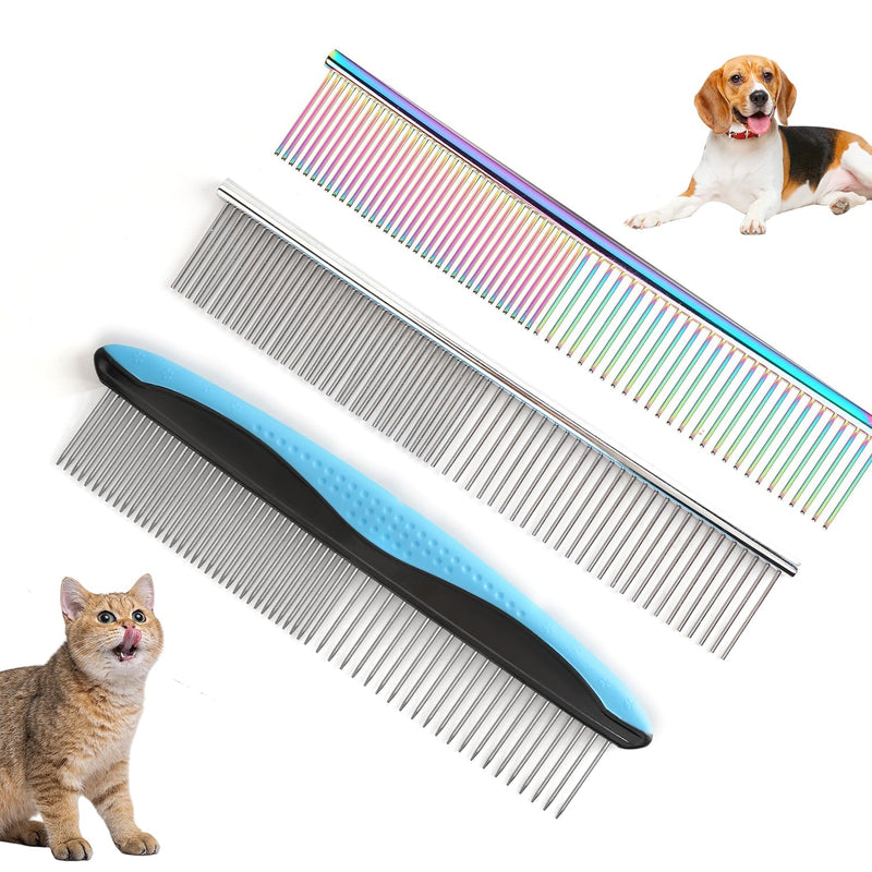 3 PCS Dog Combs for Grooming Matting, Pet Grooming Tools, 2 in 1 Dog Combs with Rounded Ends Stainless Steel Teeth, Cat Comb for Removing Tangles and Knots, Pet Comb, metal comb for dogs, 7.4IN/1.3IN Stainless Steel*3 - PawsPlanet Australia