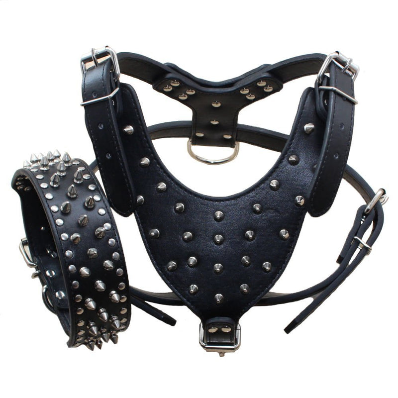 Serijoars Spiked Studded PU Leather Dog Harness Collar Set for Large Breed Pit Bull Bully Husky Terrier (Studs Black, M) Studs Black - PawsPlanet Australia