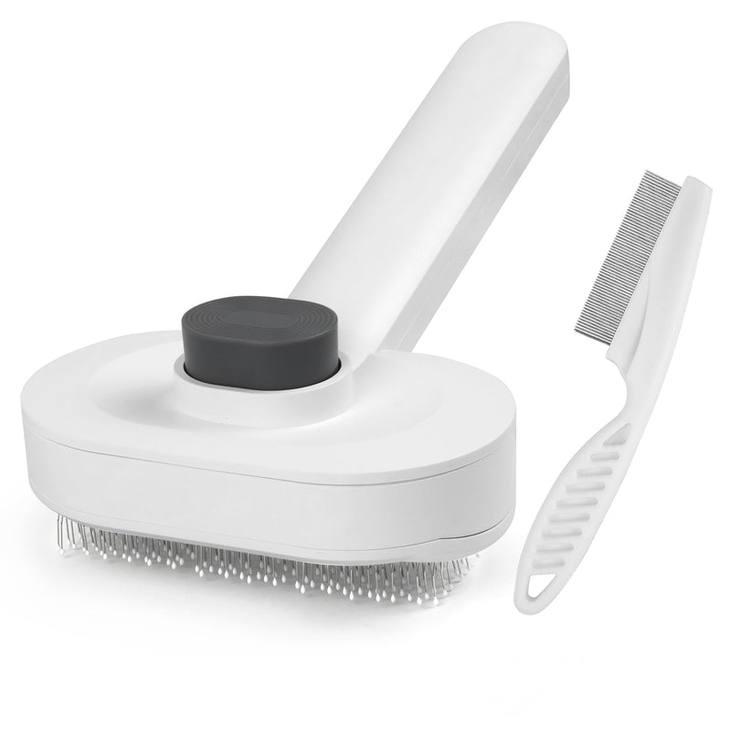 Self Cleaning Slicker Brush for Dogs & Cats - 2-in-1 Pet Grooming Tool with Flea Comb & Storage Box, Gentle Deshedding Brush for Long/Short Hair,White - PawsPlanet Australia