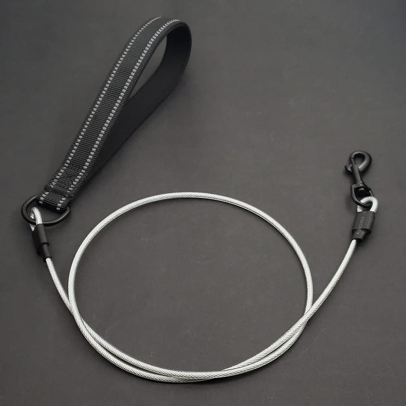Chew Proof Dog Leash, 5 ft Steel Cable Lead with Reflective Soft Padded Handle, Waterproof Cable - Black - PawsPlanet Australia