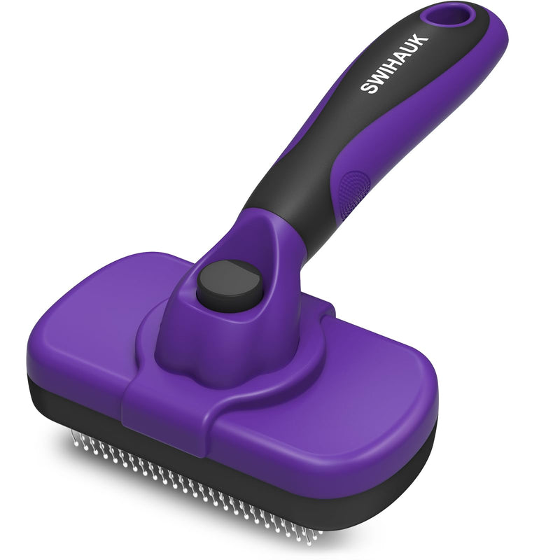 Swihauk Self Cleaning Slicker Brush for Dogs & Cats, Skin Friendly Pet Grooming for Shedding, Deshedding, and Hair Removal - Puppy Brush for Long Haired Pets, Pet Supplies, Purple - PawsPlanet Australia