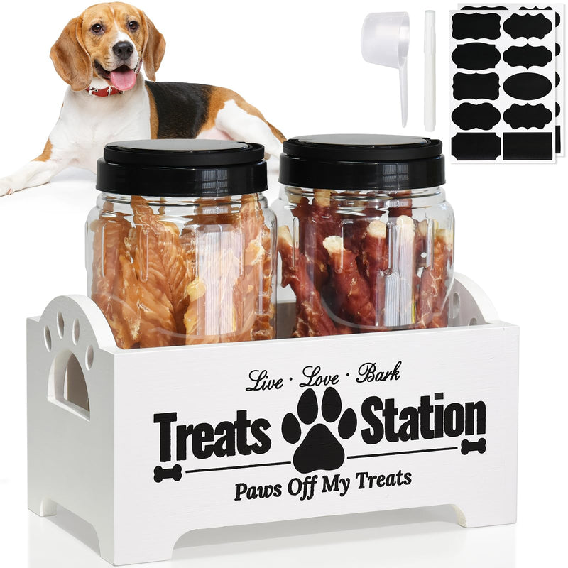 Dog Treat Container Dog Food Container for Dog Food Storage, Farmhouse Cat Food Container Pet Food Storage Organizer, Wood Dog Treat Holder with 2 Plastic Cat Dog Treat Jars, White Cat Treat Container White-2 Plastic Jars - PawsPlanet Australia