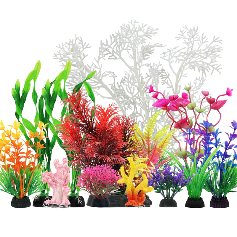 Aquarium Decorations Plants with Resin Coral, 12 pcs Fish Tank Accessories, Fish Tank Decorations Small Plants Plastic, Aquarium Decor Artificial Plant - PawsPlanet Australia