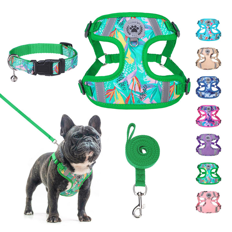 BEAUTYZOO Step in Dog Harness Collar and Leash Set for Small Medium Large Dogs, No Pull No Choke Puppy Harness, Soft Mesh Reflective Pet Padded Vest Adjustable for Doggie Girl or Boy,French Bulldog L (Chest 20"-25", Collar 14"-20") Green Leaves - PawsPlanet Australia