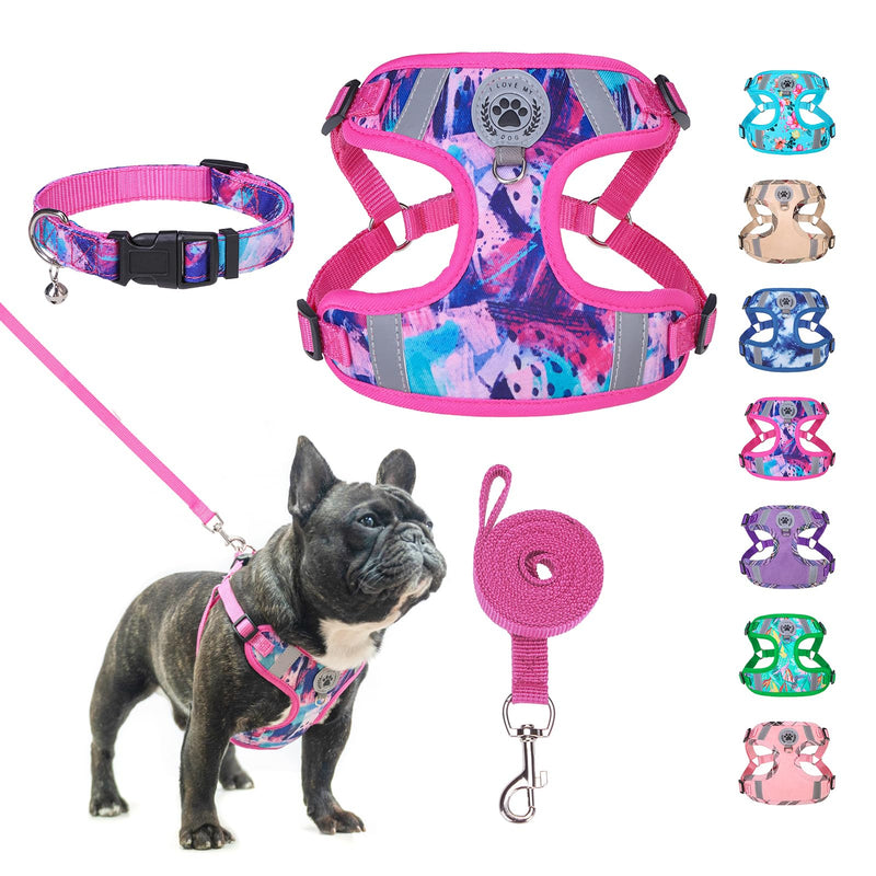 BEAUTYZOO Dog Harness Collar and Leash Set, No-Pull Step in Dog Harness for Large Dogs, Reflective No-Choke Puppy Vest Harness, Adjustable Soft Padded Pet Vest for French Bulldog, Dark Pink L L (Chest 20"-25", Collar 14"-20") Colorful Splatter Paint - PawsPlanet Australia