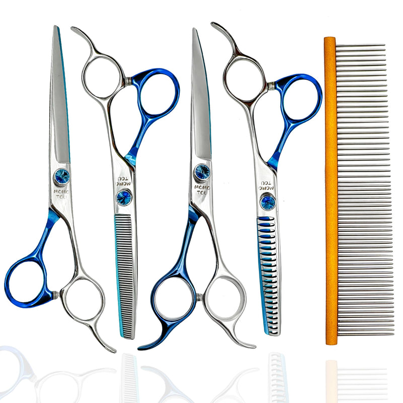 7'' Dog Grooming Scissors Set Straight Thinning Curved Chunker Shears 4pcs in 1 Set with Comb Dog Grooming Scissors Kit for Dogs and Cats 7'' - PawsPlanet Australia