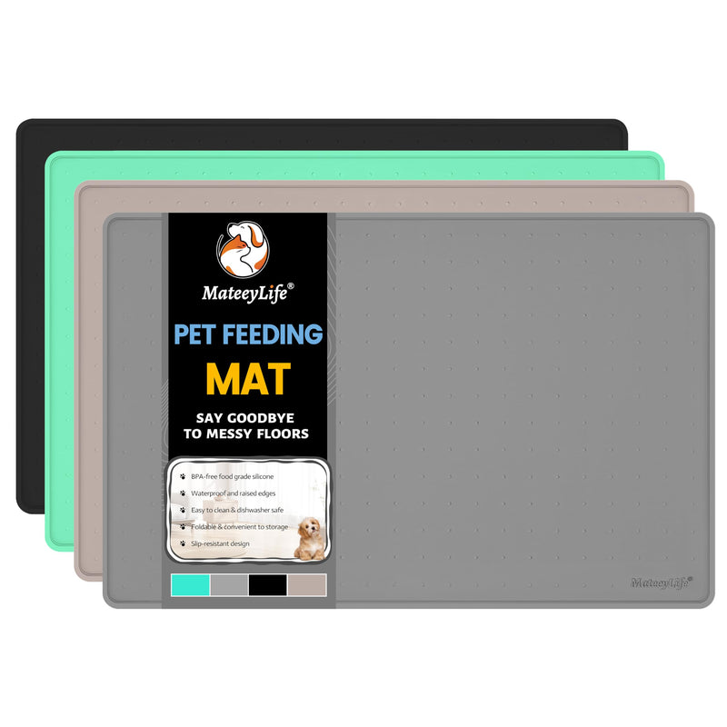 MateeyLife Dog & Cat Food Mat for Floors Waterproof, Nonslip Dog Bowl Mats for Food and Water, Dog Feeding Mats with Raised Edges, Silicone Dog Water Matt Tray for Messy Drinkers, 18"x12", Grey 18''×12'' Grey-1PC - PawsPlanet Australia