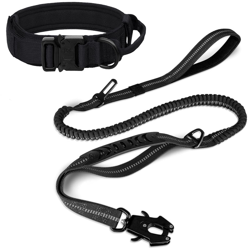 Joytale Tactical Dog Collar(17"-21") and Dog Leash Set, Shock Absorbing Bungee Dog Leash and Adjustable Strong Dog Collar with Handle for Large Dogs(Black, L) - PawsPlanet Australia