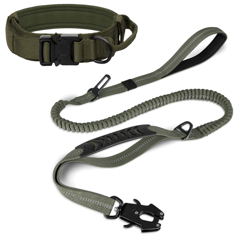 Joytale Tactical Dog Collar(17"-21") and Dog Leash Set, Shock Absorbing Bungee Dog Leash and Adjustable Strong Dog Collar with Handle for Large Dogs(ArmyGreen, L) - PawsPlanet Australia