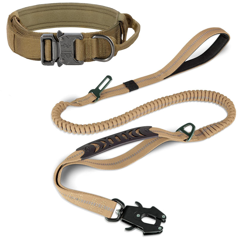 Joytale Tactical Dog Collar(17"-21") and Dog Leash Set, Shock Absorbing Bungee Dog Leash and Adjustable Strong Dog Collar with Handle for Large Dogs(Khaki, L) - PawsPlanet Australia