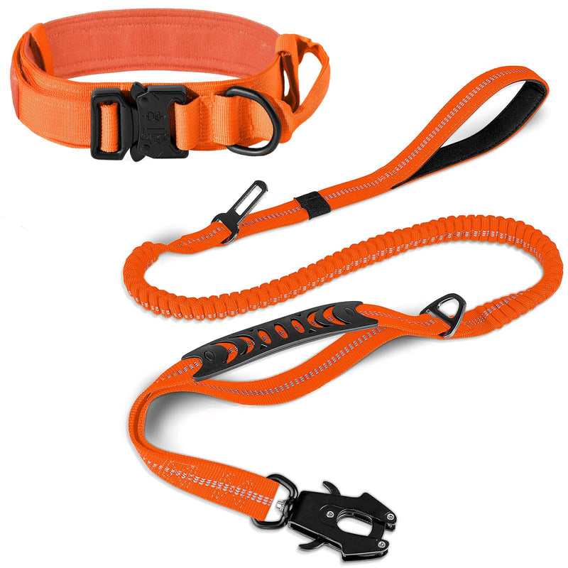 Joytale Tactical Dog Collar(17"-21") and Dog Leash Set, Shock Absorbing Bungee Dog Leash and Adjustable Strong Dog Collar with Handle for Large Dogs(Orange, L) - PawsPlanet Australia