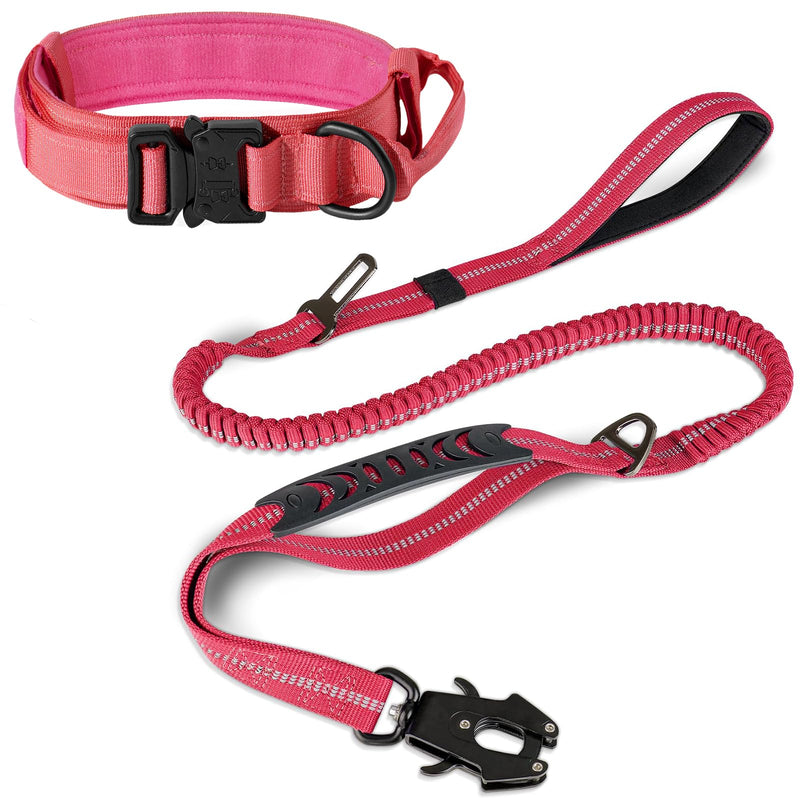 Joytale Tactical Dog Collar(17"-21") and Dog Leash Set, Shock Absorbing Bungee Dog Leash and Adjustable Strong Dog Collar with Handle for Large Dogs(Hotpink, L) - PawsPlanet Australia