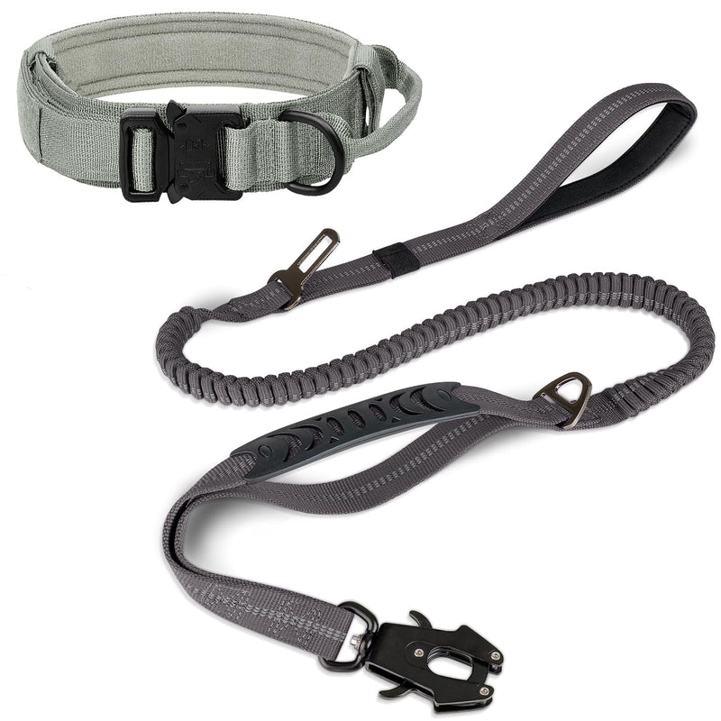 Joytale Tactical Dog Collar(17"-21") and Dog Leash Set, Shock Absorbing Bungee Dog Leash and Adjustable Strong Dog Collar with Handle for Large Dogs(Red,L)