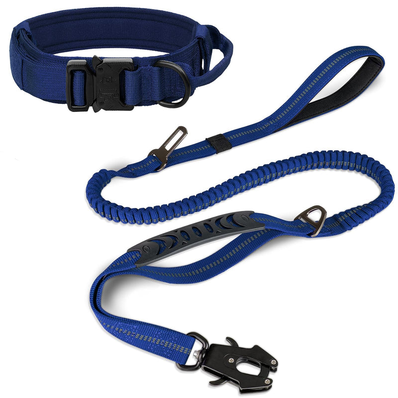 Joytale Tactical Dog Collar(17"-21") and Dog Leash Set, Shock Absorbing Bungee Dog Leash and Adjustable Strong Dog Collar with Handle for Large Dogs(Navyblue, L) - PawsPlanet Australia