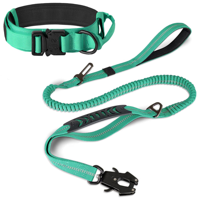 Joytale Tactical Dog Collar(17"-21") and Dog Leash Set, Shock Absorbing Bungee Dog Leash and Adjustable Strong Dog Collar with Handle for Large Dogs(Teal, L) - PawsPlanet Australia