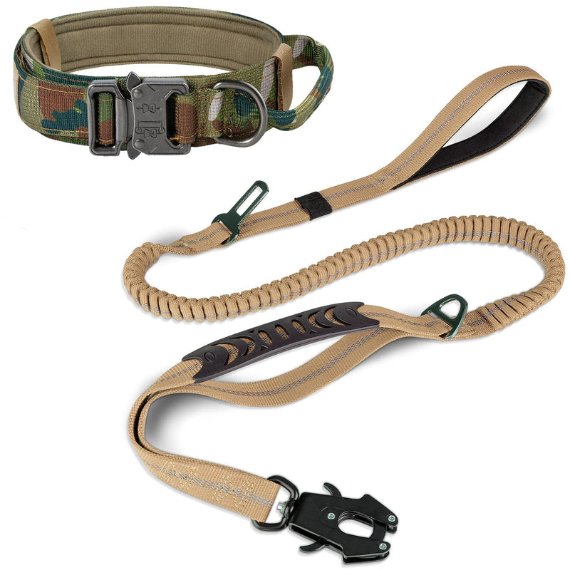 Joytale Tactical Dog Collar(17"-21") and Dog Leash Set, Shock Absorbing Bungee Dog Leash and Adjustable Strong Dog Collar with Handle for Large Dogs(Camouflage, L) - PawsPlanet Australia