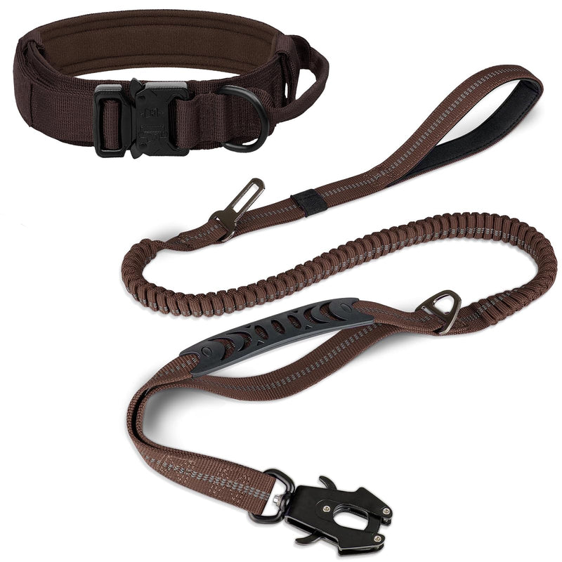 Joytale Tactical Dog Collar(17"-21") and Dog Leash Set, Shock Absorbing Bungee Dog Leash and Adjustable Strong Dog Collar with Handle for Large Dogs(Brown, L) - PawsPlanet Australia