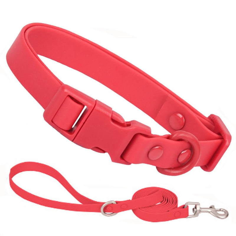 Red Rubber Dog Collar and Leash Set, Waterproof Silicone Plastic PVC Washable Quick Release Buckle Water Swim Girl Dog Collars for Small Medium Large Pet Female Dogs, L Red+leash L Neck15-23.6"
