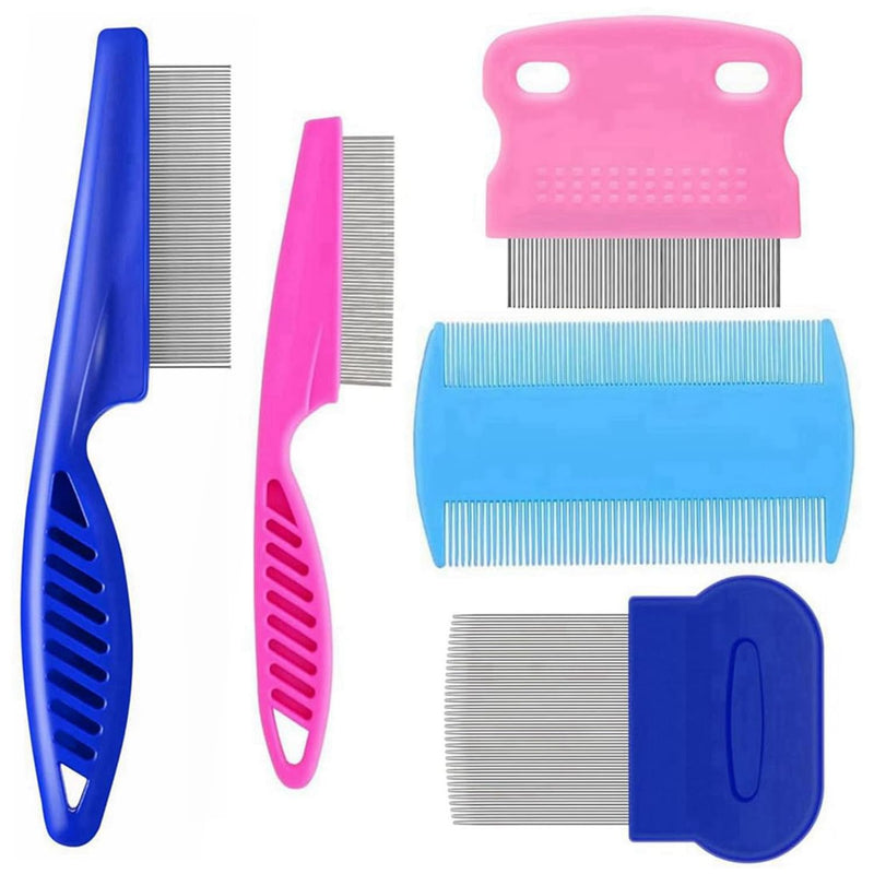 5 Pack Flea Lice Comb,Stainless Steel Dog Cat Grooming Combs with Rounded Teeth,Double Sided Professional Pet Tear Stain Remover,Dematting Tool for Small, Ideal for all pet Blue,Pink