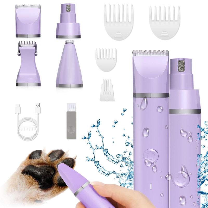 Dog Grooming Clippers Kit-Electric Rechargeable Cat Trimmer Tools-Cordless Quiet Pet Nail Paw Grinder-4 in 1 Multifunctional Low Noise Shaver-Razor for feet Face Ears Toenail Eye Purple - PawsPlanet Australia