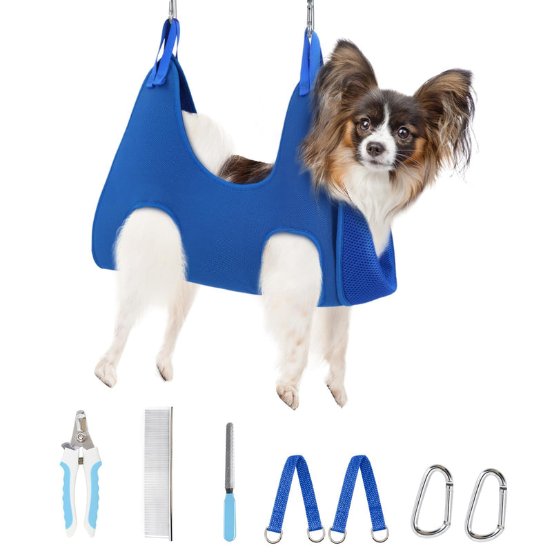 Supet Dog Grooming Hammock Harness for Dogs Cats, Relaxation Pet Nail Clipper Hammock, Restraint Dog & Small Animal Leashes Sling for Groomingk for Nail Trimming (Blue, XS) XS（ Max 16 Lb：Leg space: 6"-9.5"） Blue - PawsPlanet Australia