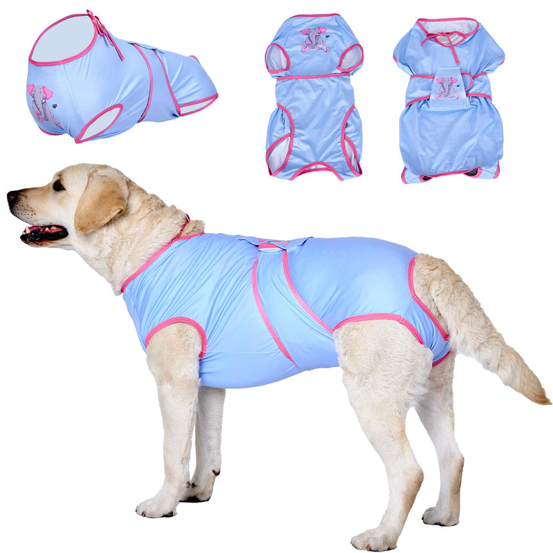 LovinPet Dog Recovery Suit for Large Medium Dogs - Bodysuit Onesie for Shedding Skin Disease Pet Pajamas Dog Anti Licking Snugly Suit Dog Bodysuit for Abdominal Wound After Surgery,Elephant,Blue,M Pink collar/Blue - PawsPlanet Australia